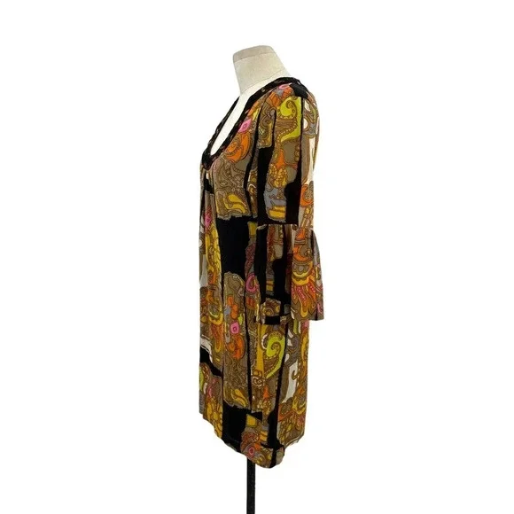 Trina Turk Mod Style Silk Abstract Bell Sleeve 60s Dress Size 2 - Picture 4 of 7